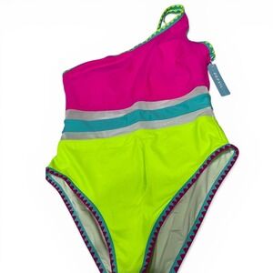 NWT Popvil Swimsuit Pink Green Large One Piece / Shoulder Neon Colorblock *READ*
